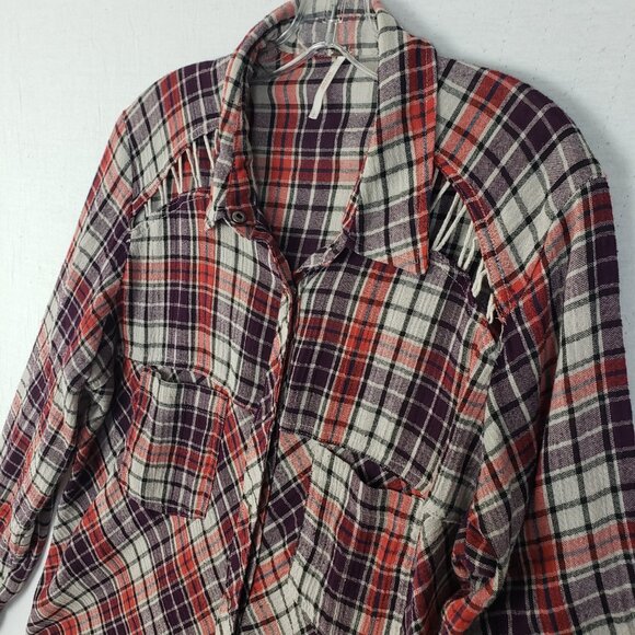 Free People Gauze Plaid Shirt Cutout Shoulder Western Boho 70s size L Relaxed - Picture 5 of 12